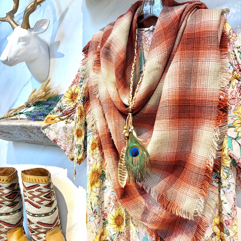 Farmhouses vibe boho plaid blanket scarf w cabin cottage vibe - Picture 4 of 16